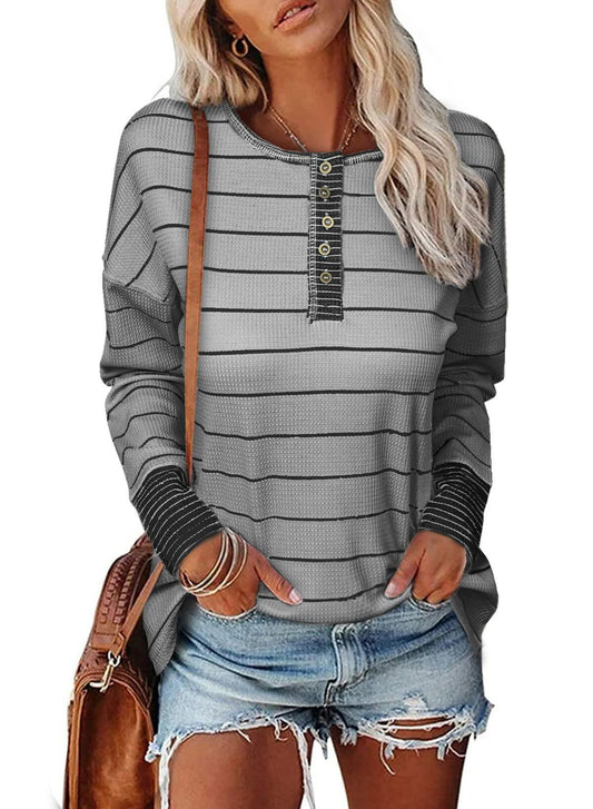 EVALESS Womens Brown Waffle Knit Henley Top Long Sleeve Size XS