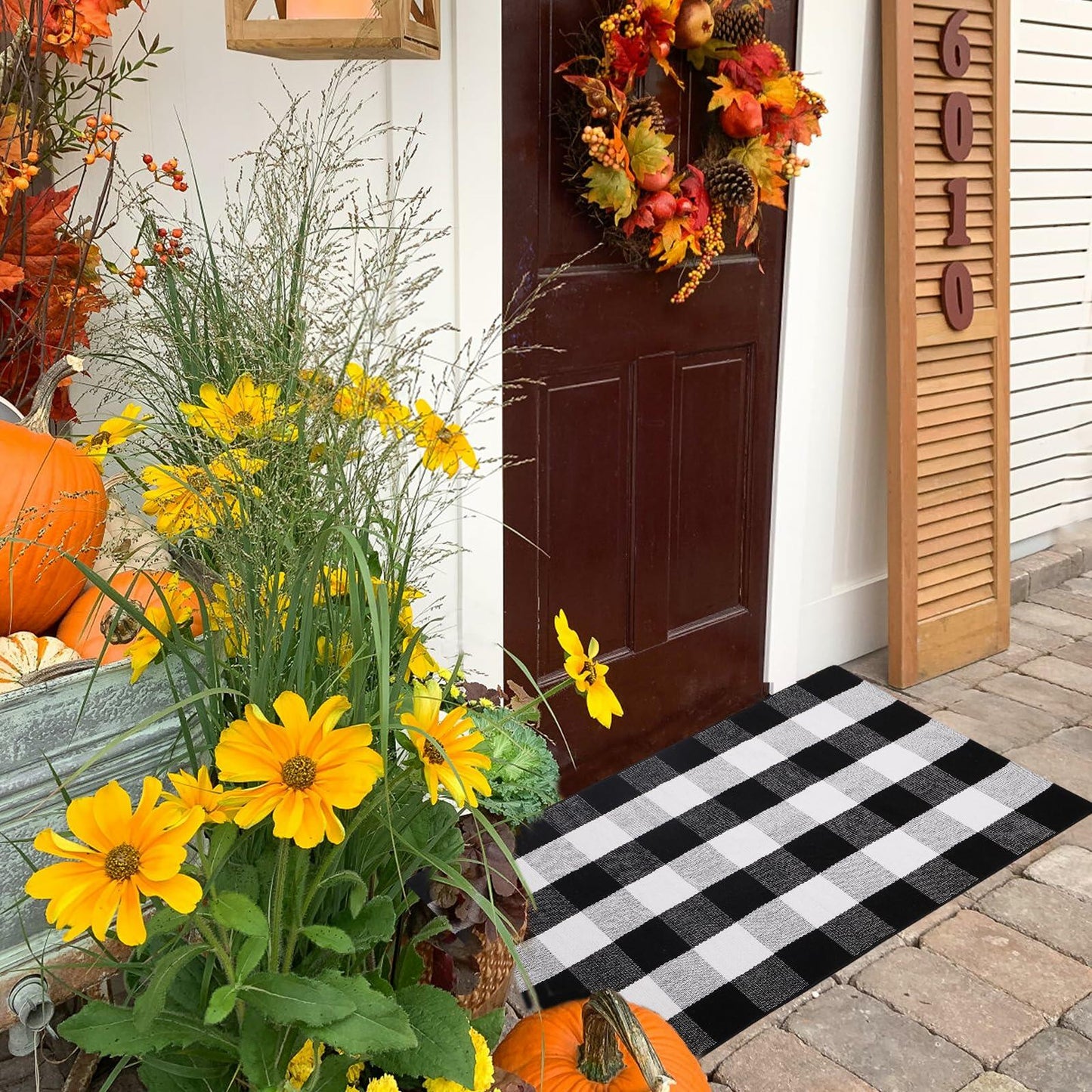 Acerich Fall Door Mat 27.5x43in Black White Buffalo Plaid Washable Outdoor