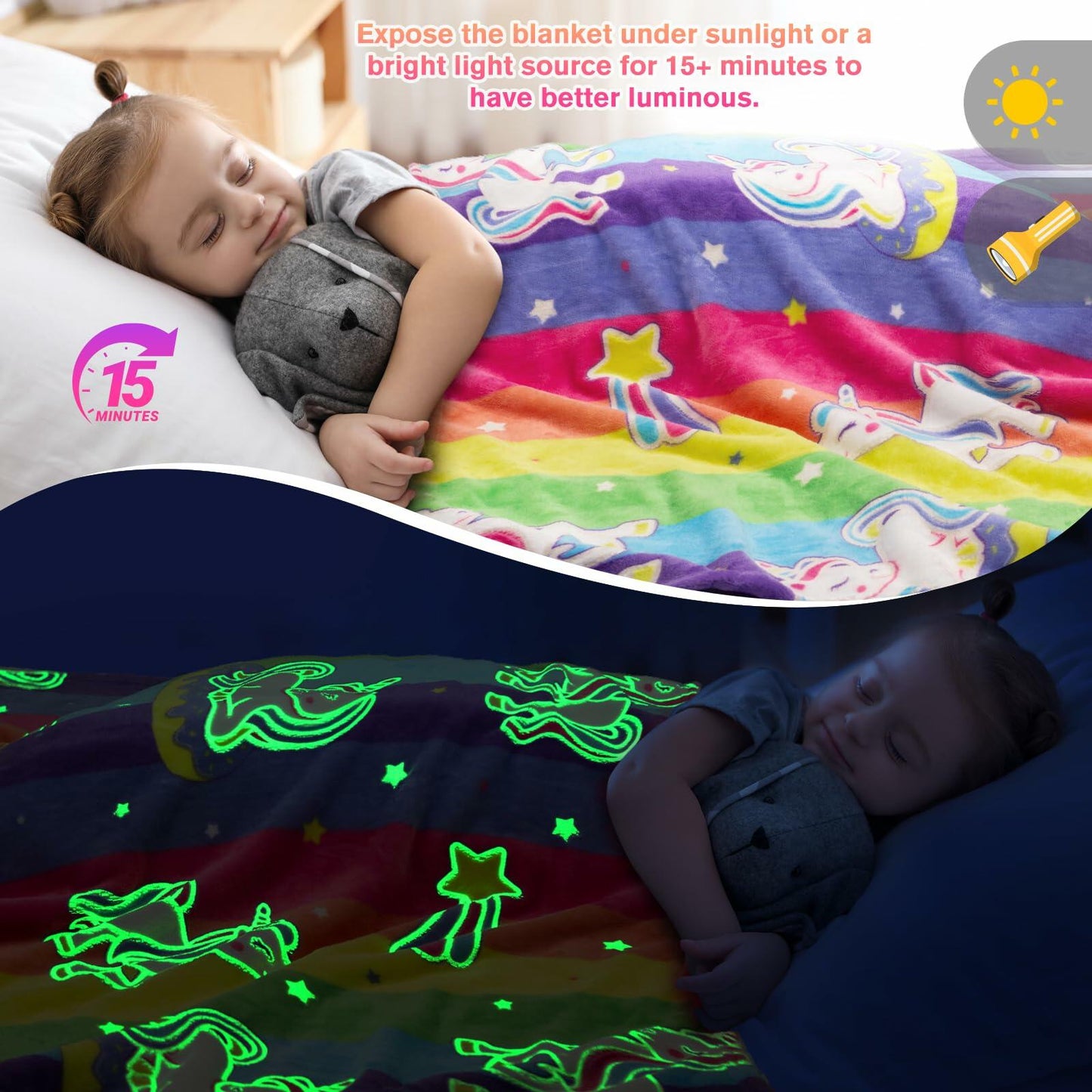 Unicorn Gifts Glow in The Dark Rainbow Blanket Soft Cozy Throw 50x60