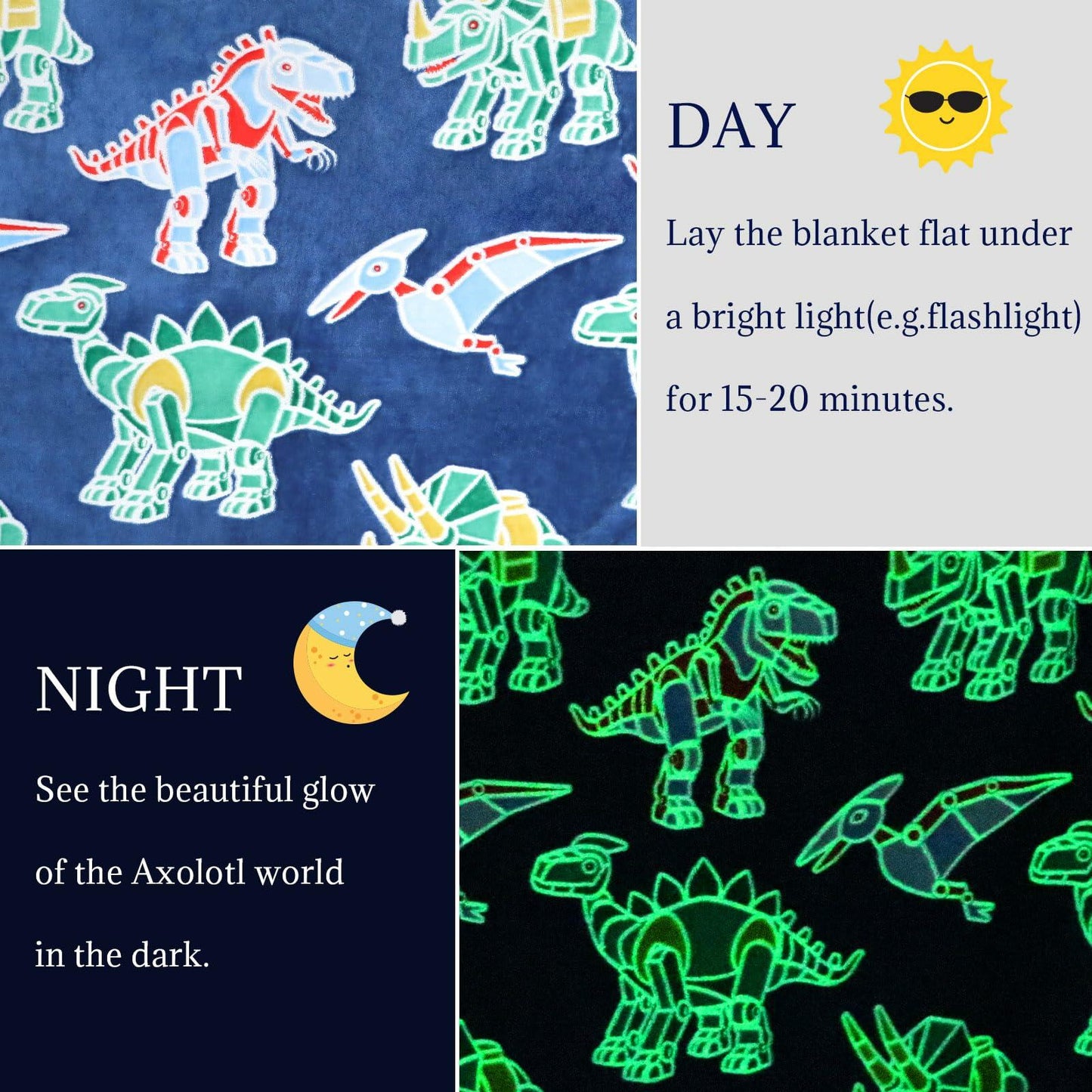 Glow in The Dark Dinosaur Blanket Soft Fleece Throw for Kids Toddler 40x50