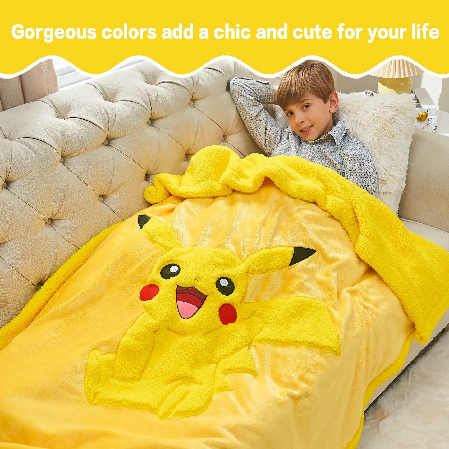 NEWCOSPLAY Kids Pikachu Sherpa Fleece Blanket Plush Warm Throw 50x60 Yellow