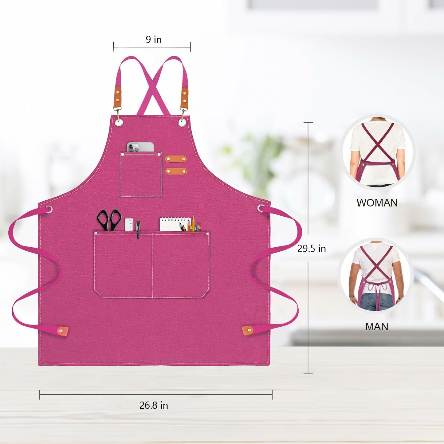 OUNLEN Chef Apron Pink Canvas Cross Back 3 Pockets Work Cooking BBQ