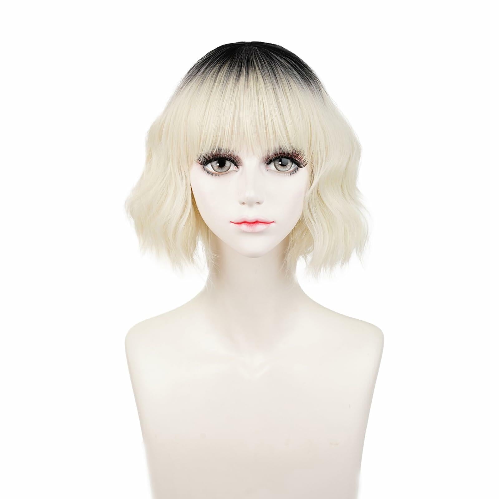 LABEAUTÉ Synthetic Short Wavy Blonde Black Ombre Bob Wig with Bangs