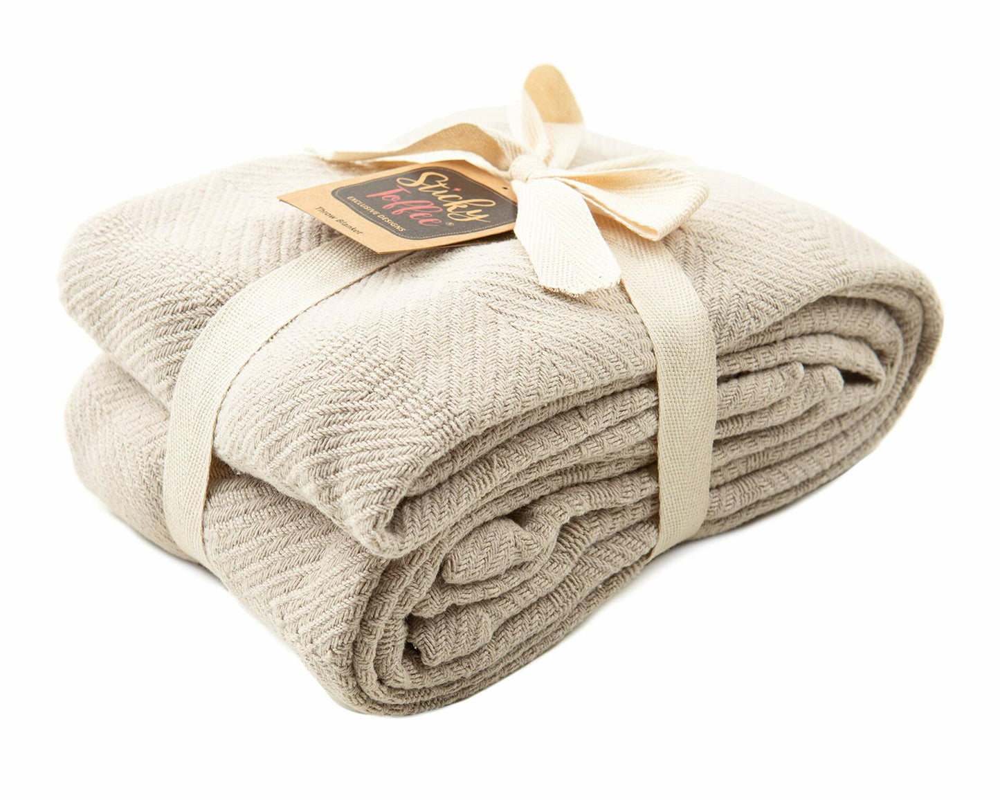 Sticky Toffee Cotton Throw Blanket 60x50 Tan Beige Herringbone