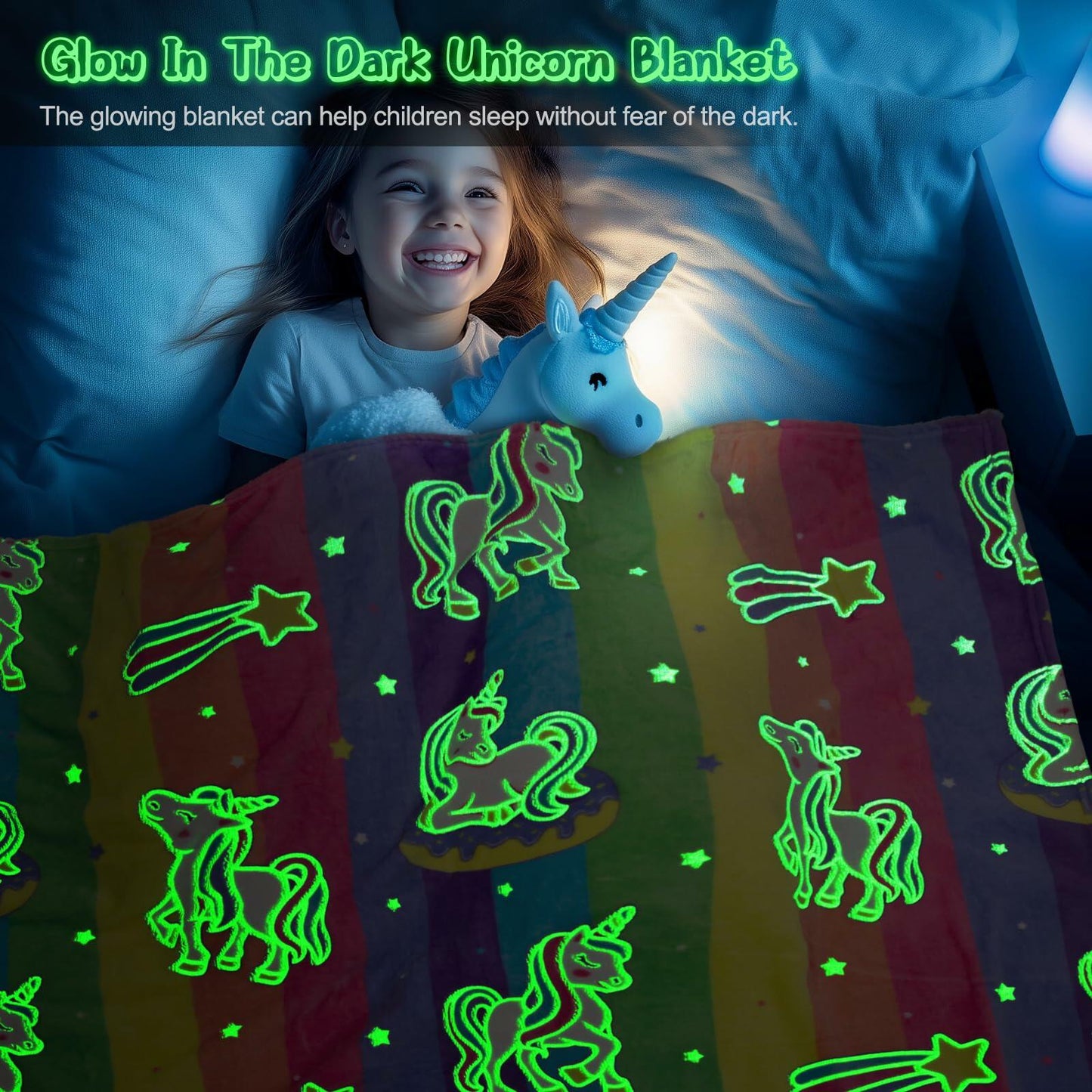 Unicorn Gifts Glow in The Dark Rainbow Blanket Soft Cozy Throw 50x60