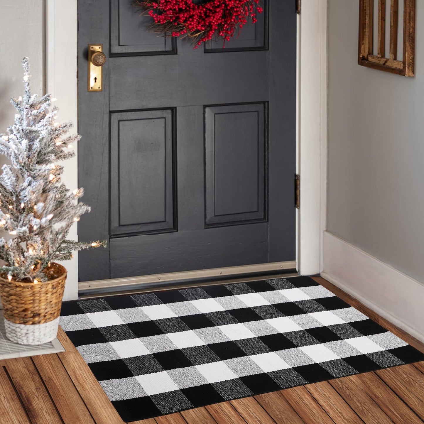 Acerich Fall Door Mat 27.5x43in Black White Buffalo Plaid Washable Outdoor
