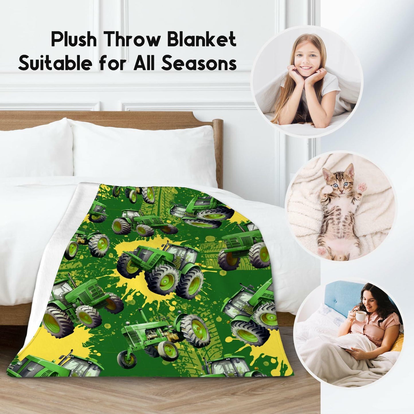 FUZZYFIT Kids Tractor Blanket 40x50 Green Plush Throw Cozy Warm