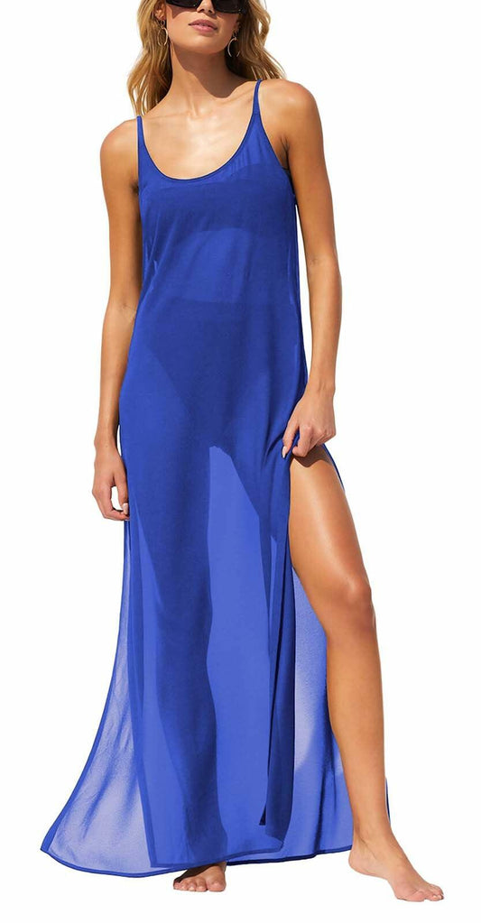 BWQ Women Bikini Coverup Sheer Spaghetti Straps Beach Dress Blue Size XXL