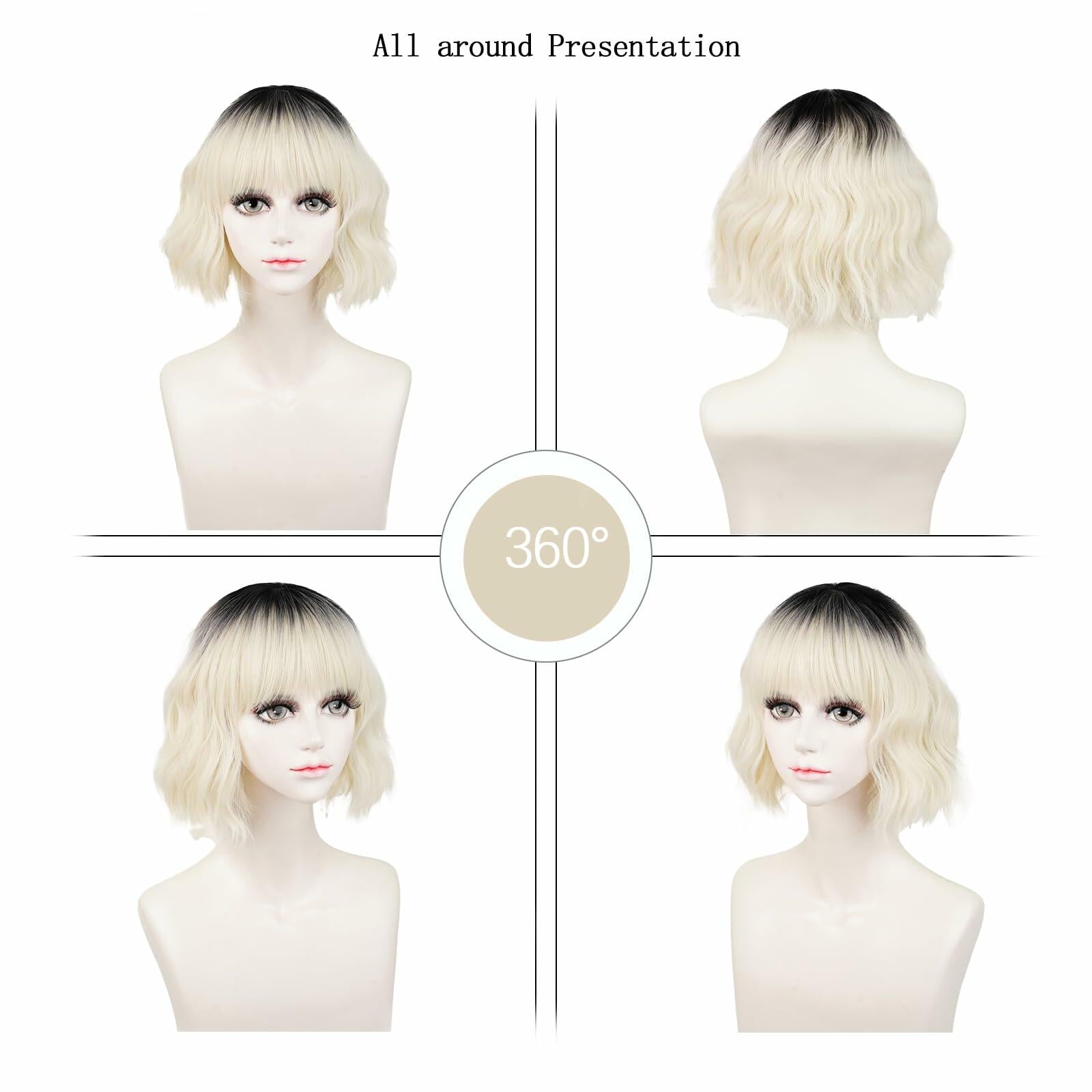 LABEAUTÉ Synthetic Short Wavy Blonde Black Ombre Bob Wig with Bangs