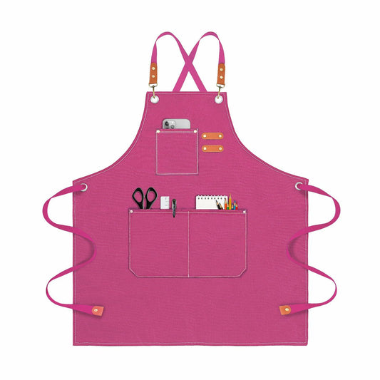 OUNLEN Chef Apron Pink Canvas Cross Back 3 Pockets Work Cooking BBQ