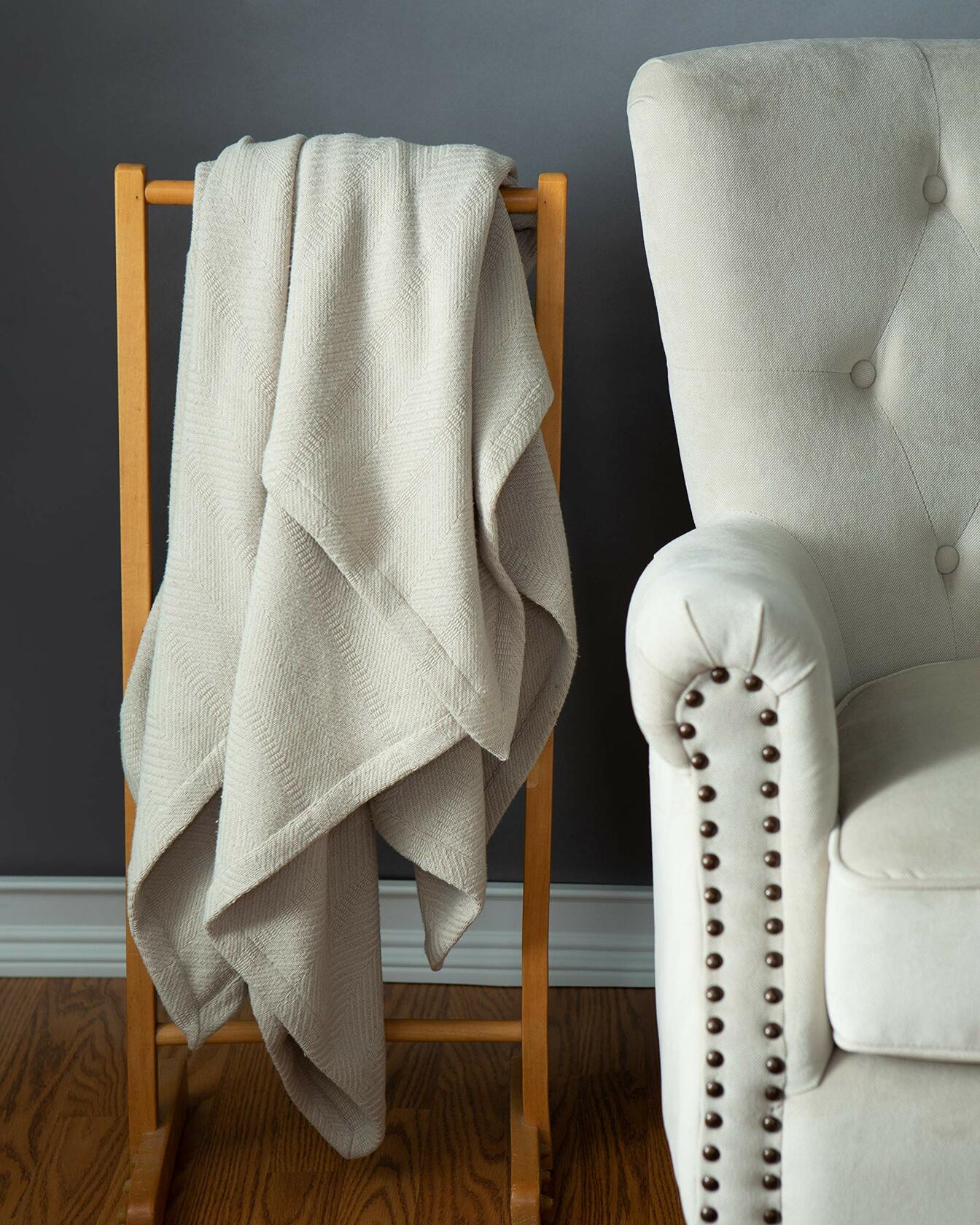 Sticky Toffee Cotton Throw Blanket 60x50 Tan Beige Herringbone