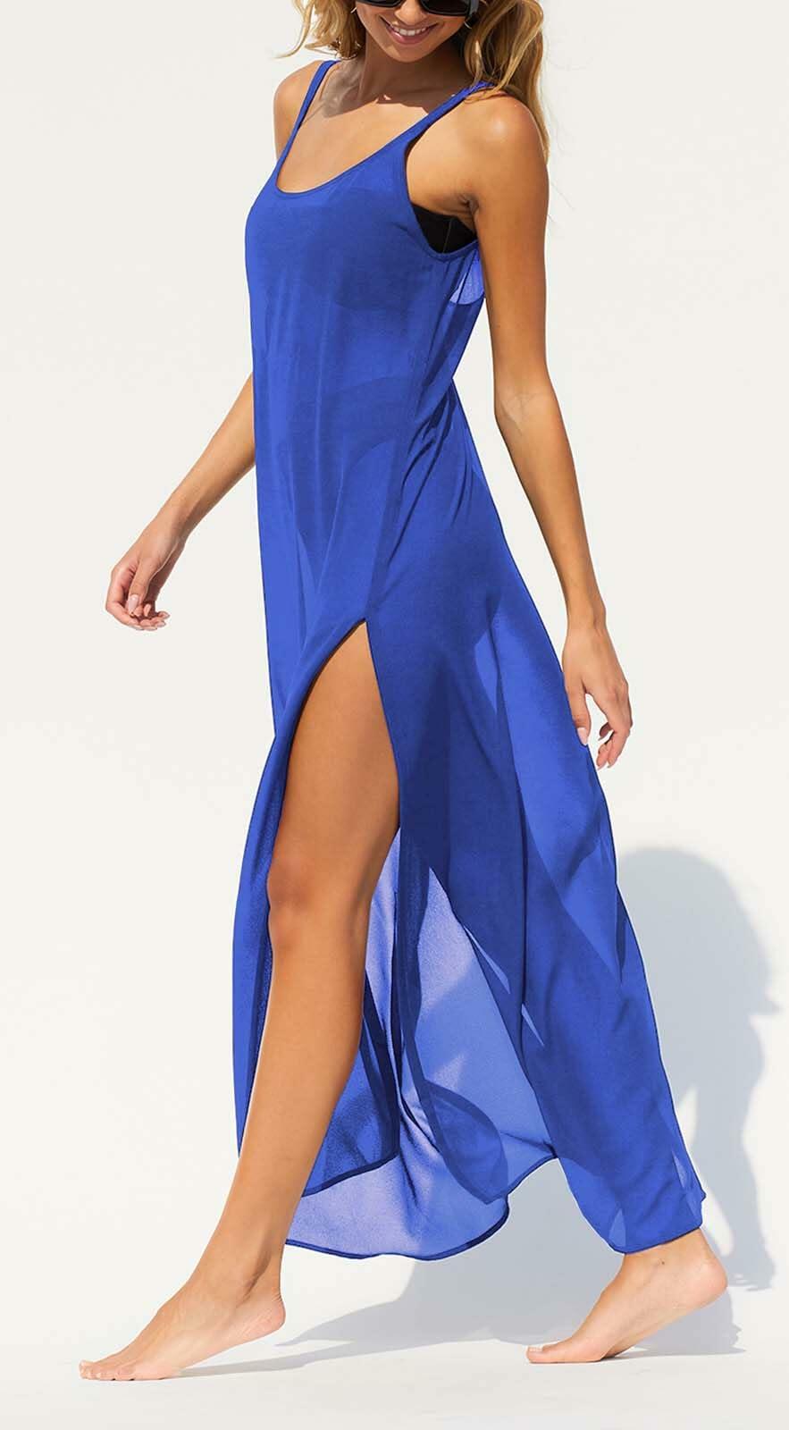 BWQ Women Bikini Coverup Sheer Spaghetti Straps Beach Dress Blue Size XXL