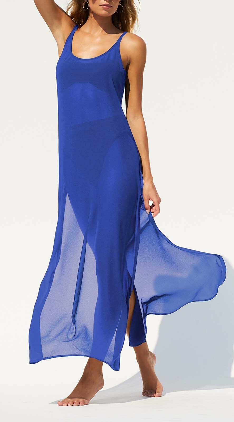 BWQ Women Bikini Coverup Sheer Spaghetti Straps Beach Dress Blue Size XXL