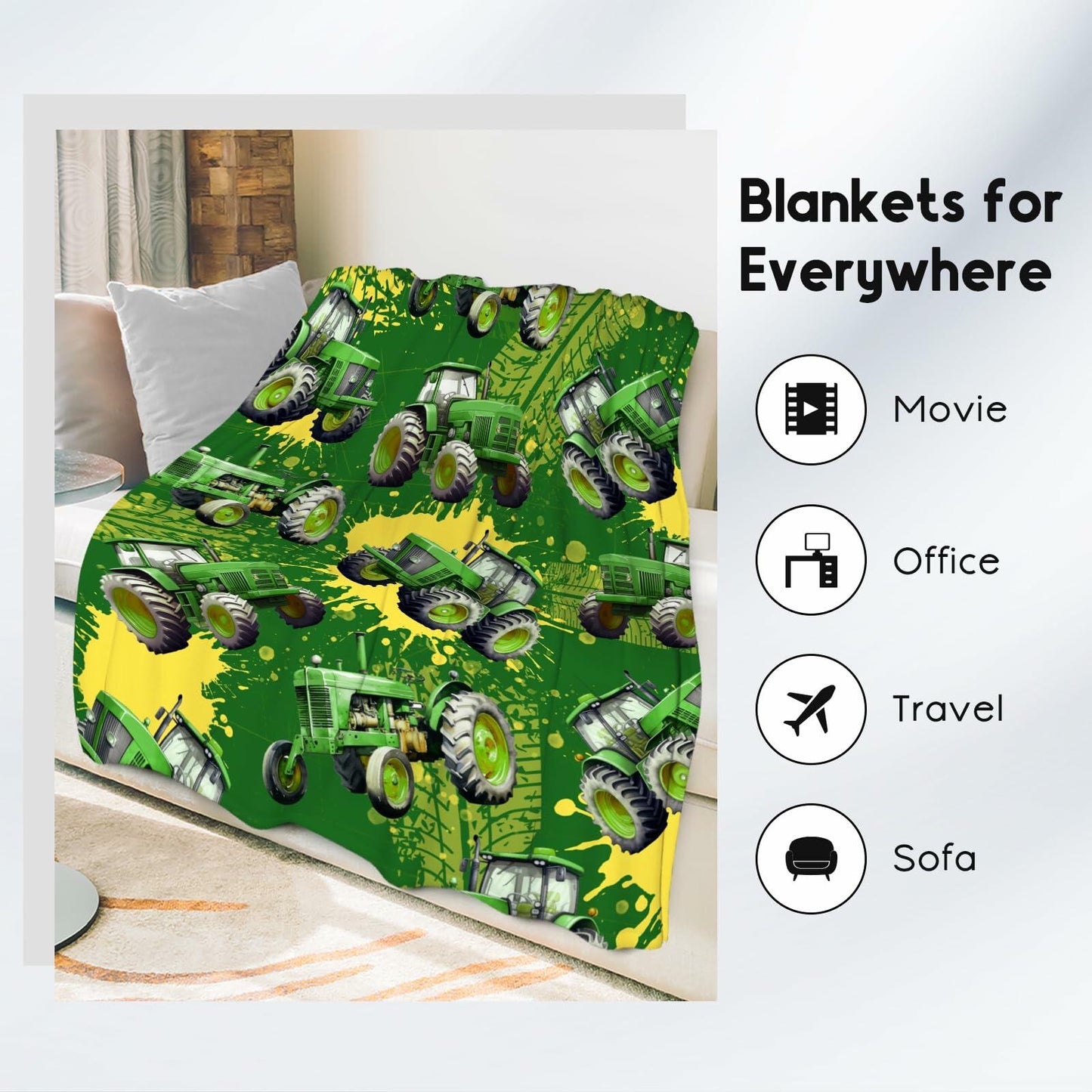 FUZZYFIT Kids Tractor Blanket 40x50 Green Plush Throw Cozy Warm