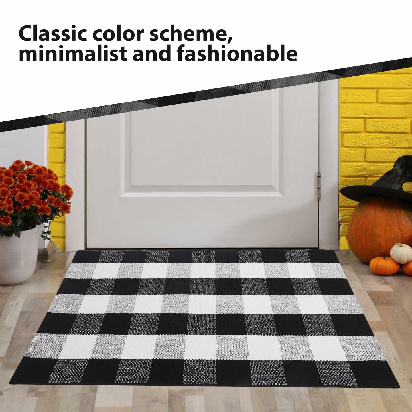 Acerich Fall Door Mat 27.5x43in Black White Buffalo Plaid Washable Outdoor
