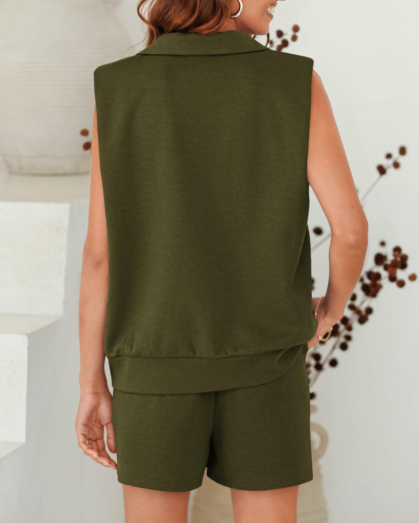 BTFBM Women 2PC Tracksuit Sleeveless Sweatshirt & Shorts Army Green Size M