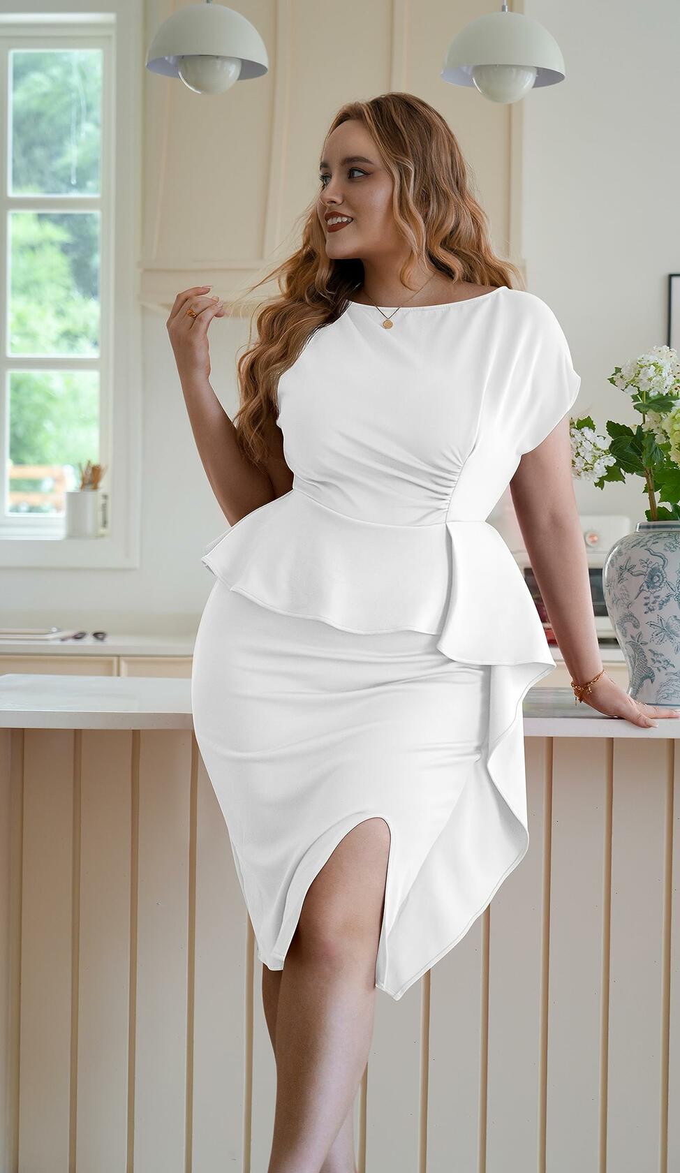 GOBLES Women's White Bodycon Midi Dress Boat Neck Short Sleeve Size L