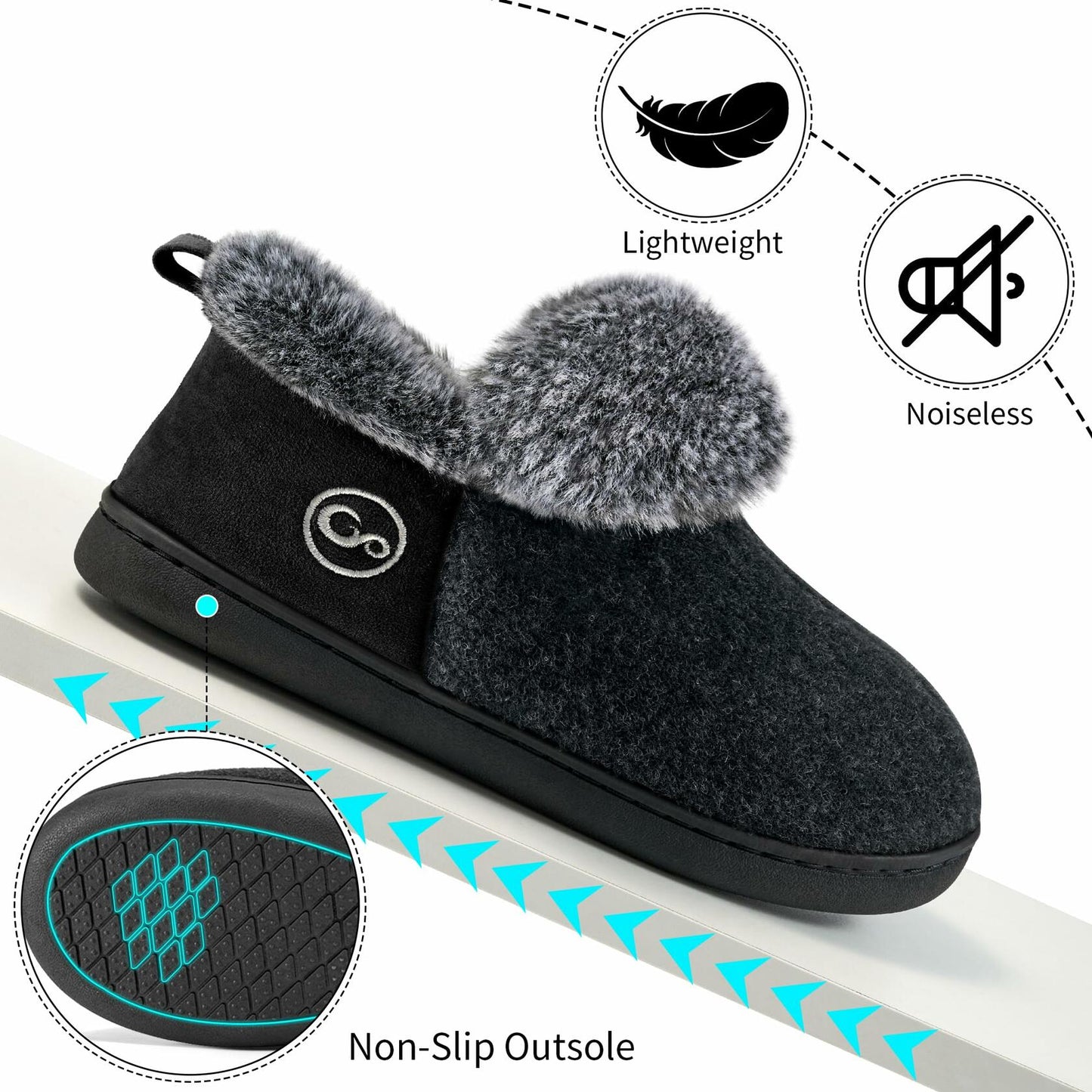 HARENCE Women's Non-Slip Memory Foam Slippers Black Size 10-10.5