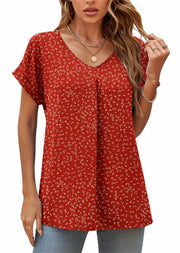QUEZHU Women's V Neck Short Sleeve Chiffon Blouse Wine Red Size Small