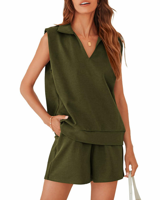 BTFBM Women 2PC Tracksuit Sleeveless Sweatshirt & Shorts Army Green Size M