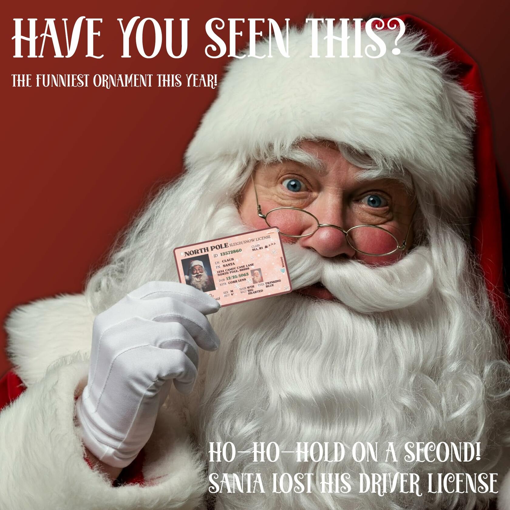 Santa's Lost Driver License Christmas Ornament with String & Envelope