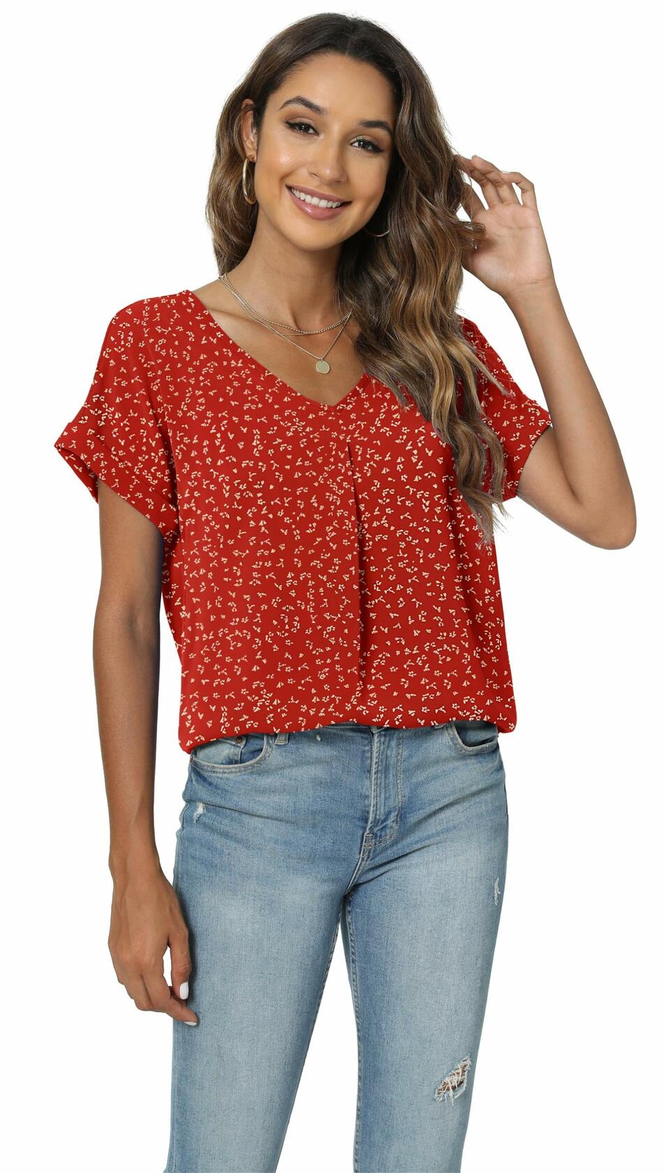 QUEZHU Women's V Neck Short Sleeve Chiffon Blouse Wine Red Size Small