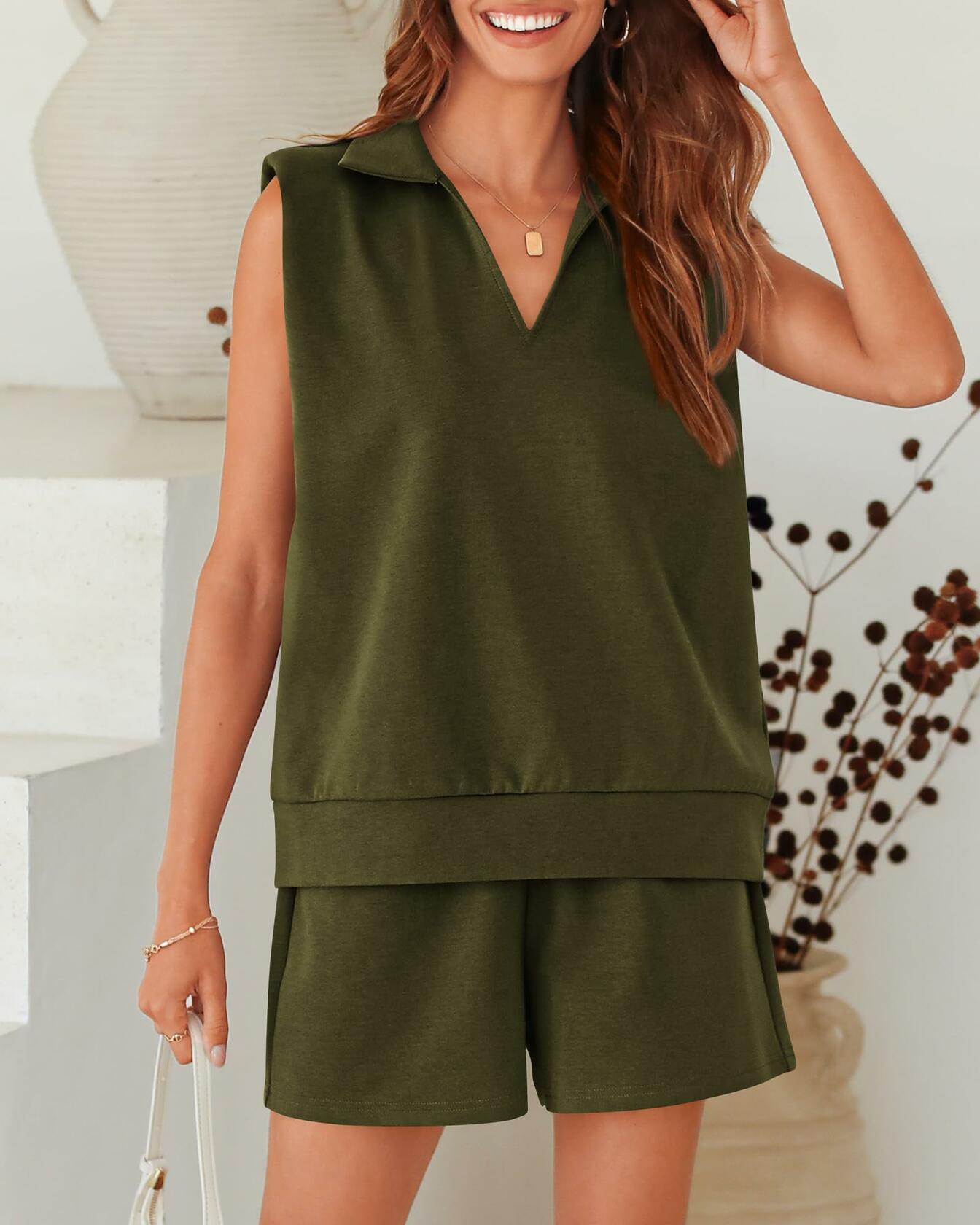 BTFBM Women 2PC Tracksuit Sleeveless Sweatshirt & Shorts Army Green Size M