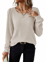 Samefar Womens Long Sleeve Blouse Casual Round Neck Apricot Size S