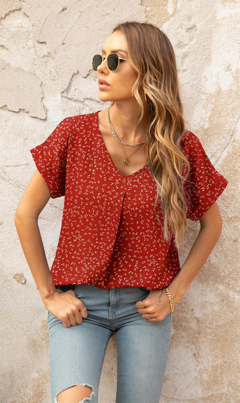 QUEZHU Women's V Neck Short Sleeve Chiffon Blouse Wine Red Size Small