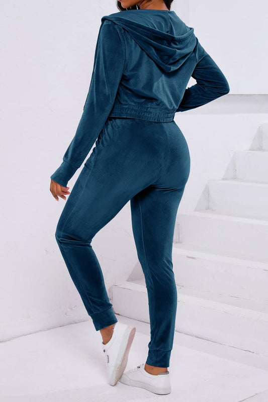 PINSV Velour Tracksuit Women Zip Up Hoodie Jogging Sweatsuit Peacock Blue Size L