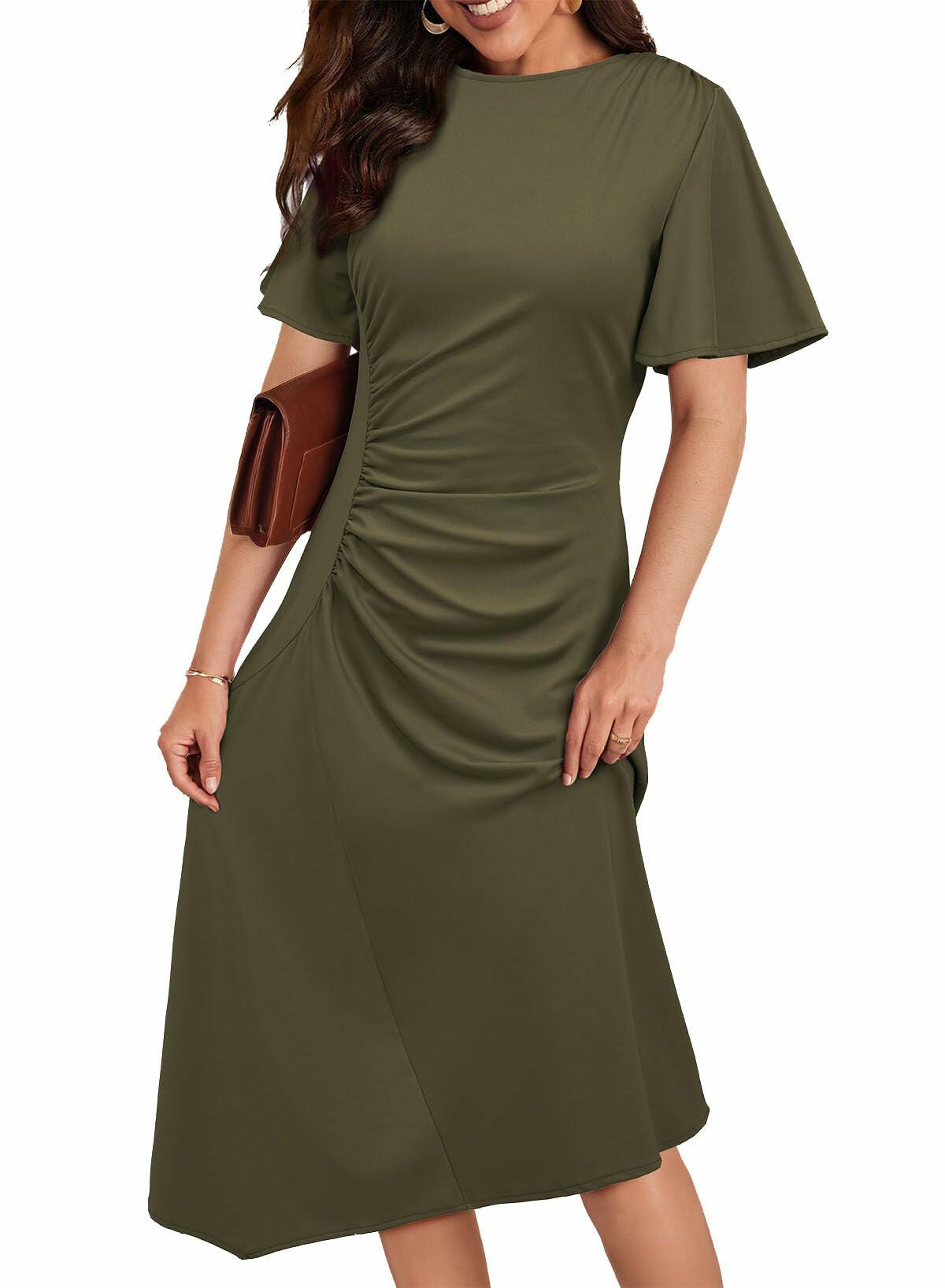BLENCOT Womens Midi Dress P1609 Ruched Waist Crewneck Green Size Small