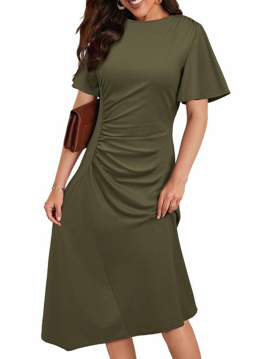 BLENCOT Womens Midi Dress P1609 Ruched Waist Crewneck Green Size Small