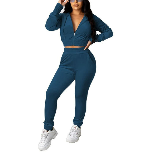 PINSV Velour Tracksuit Women Zip Up Hoodie Jogging Sweatsuit Peacock Blue Size L