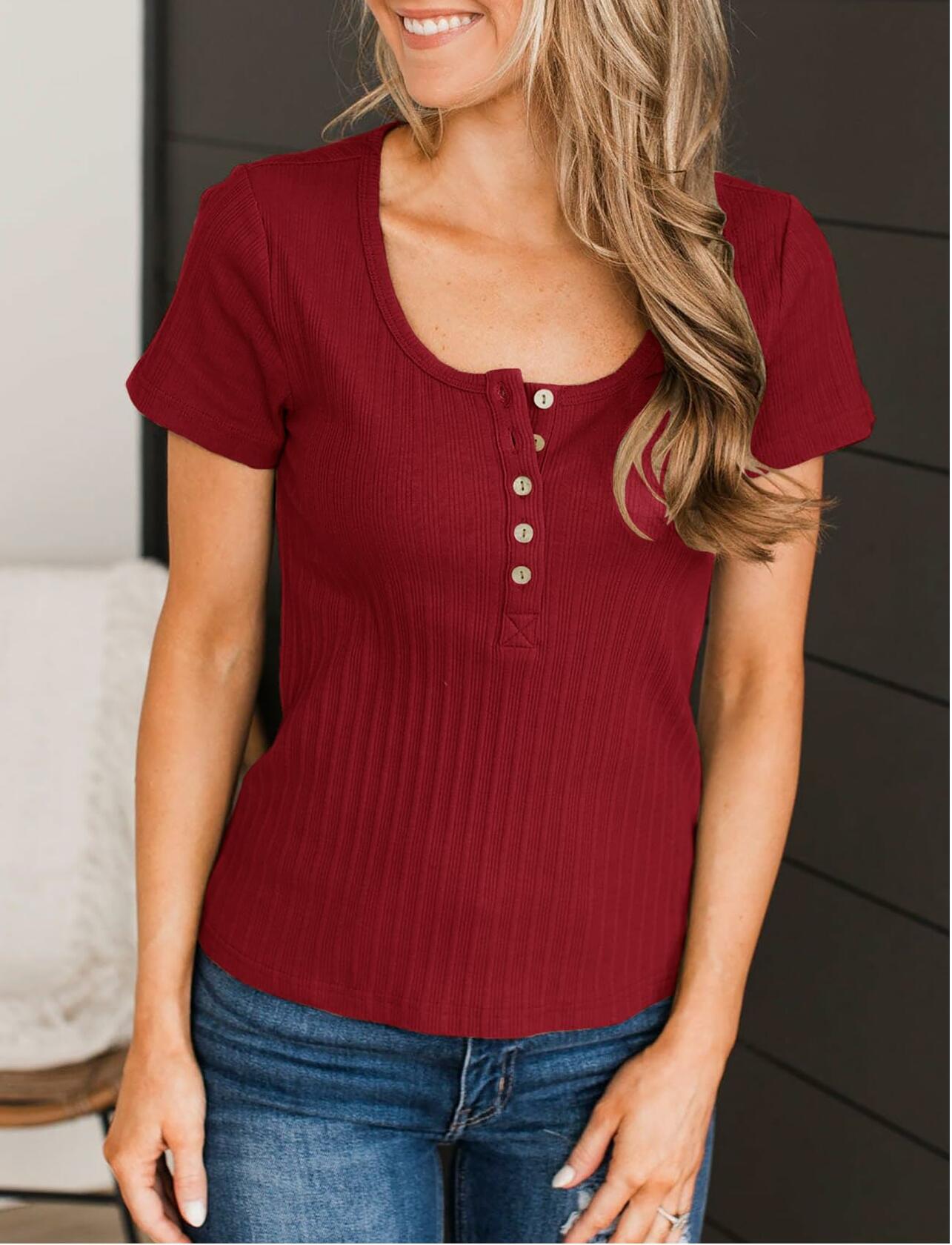 Topstype Women's Henley T-Shirt Short Sleeve Dark Red Size XXL