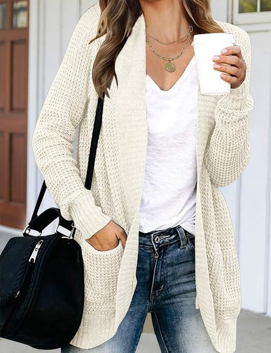 HANERDUN Women's Cable Knit Cardigan Sweater Long Sleeve Solid Color Size M