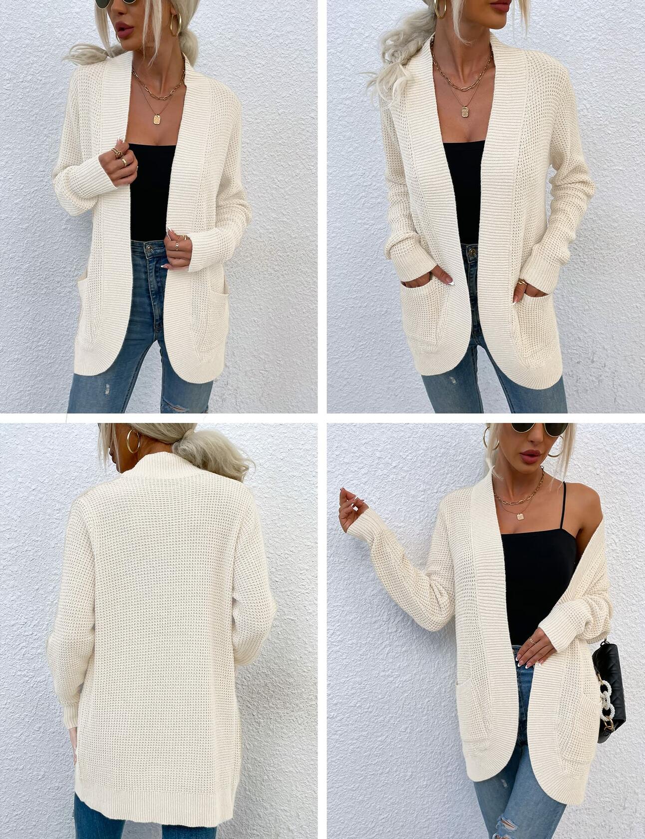 HANERDUN Women's Cable Knit Cardigan Sweater Long Sleeve Solid Color Size M