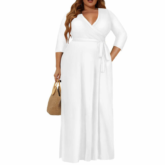 Plus Size Long Dress Women Purple V Neck 3/4 Sleeve Pockets Size 4XL