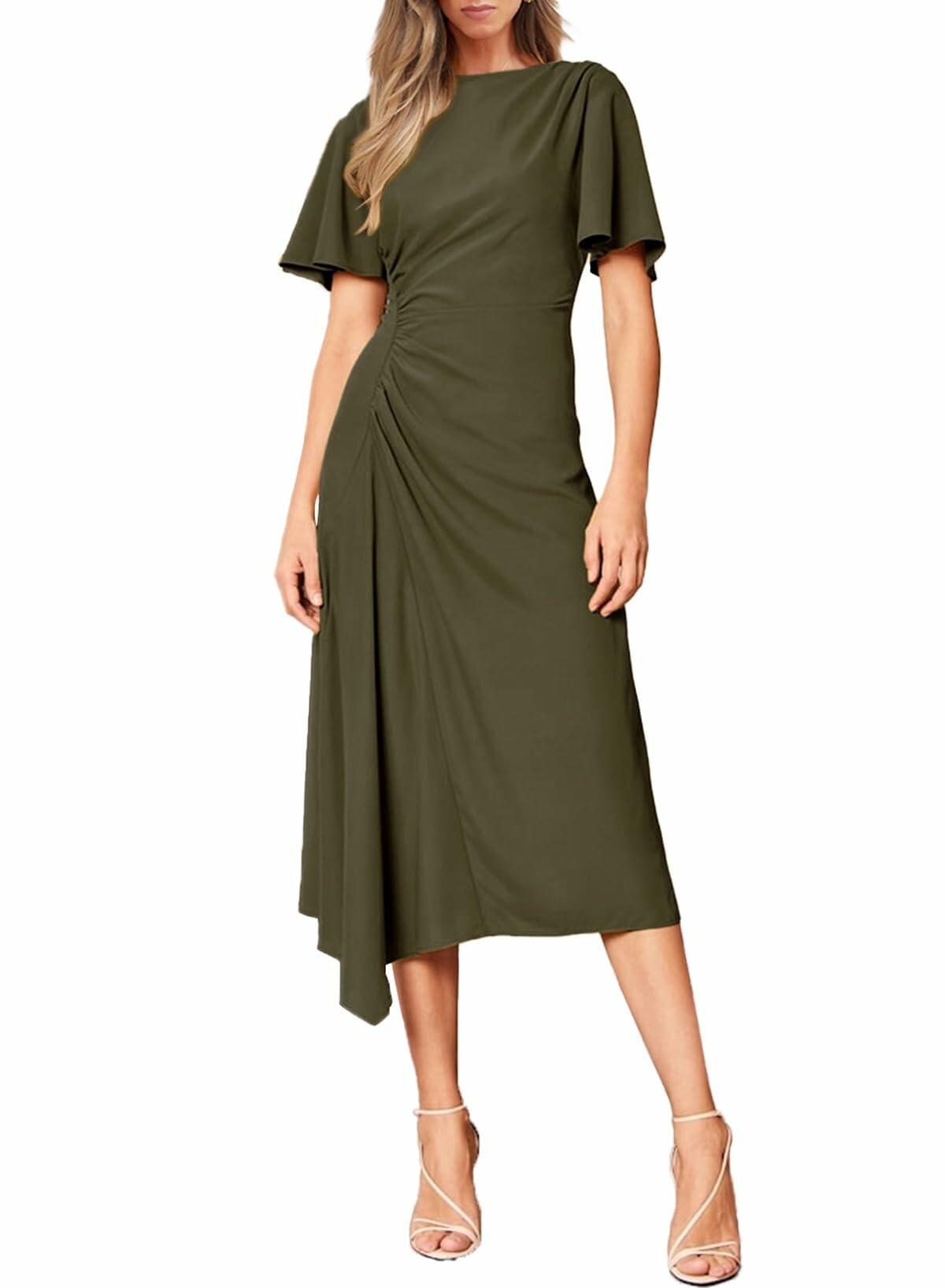 BLENCOT Womens Midi Dress P1609 Ruched Waist Crewneck Green Size Small