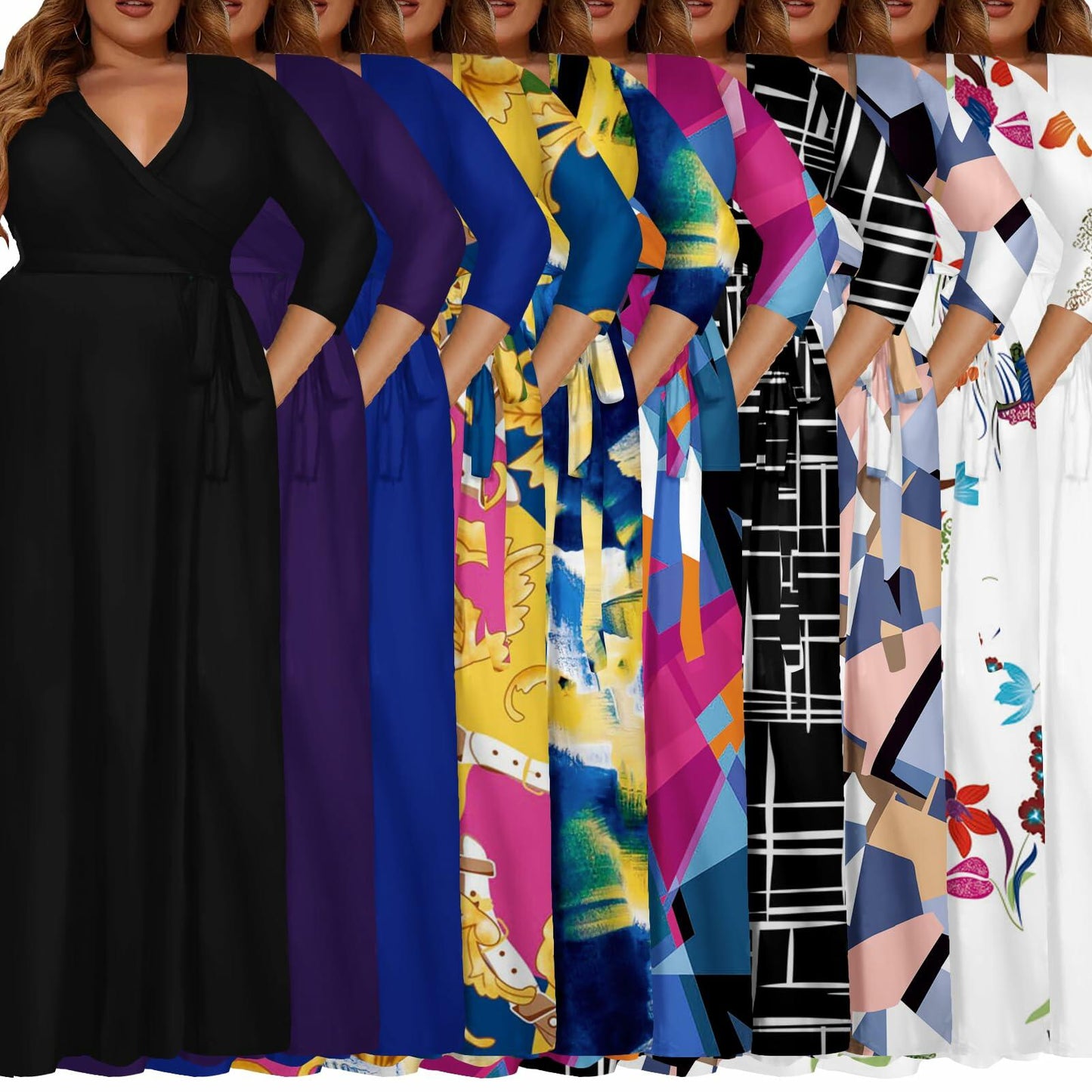 Plus Size Long Dress Women Purple V Neck 3/4 Sleeve Pockets Size 4XL