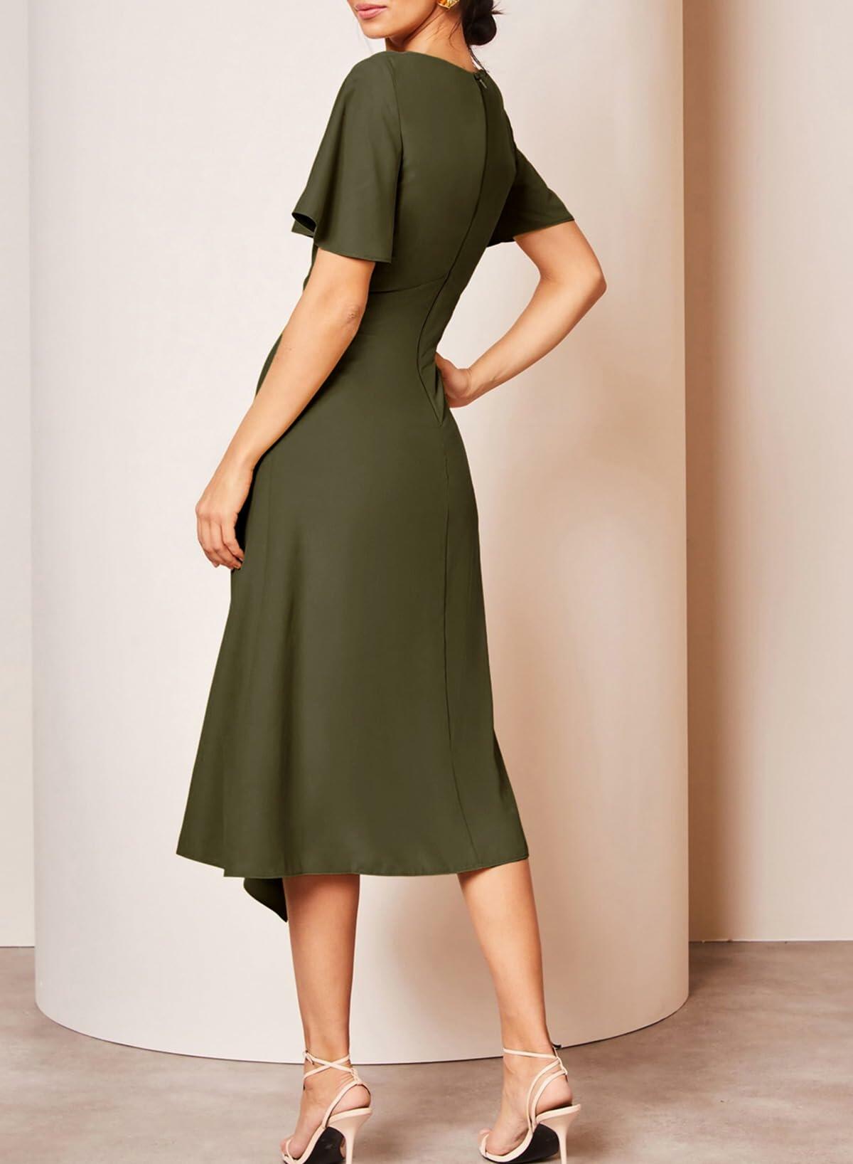 BLENCOT Womens Midi Dress P1609 Ruched Waist Crewneck Green Size Small