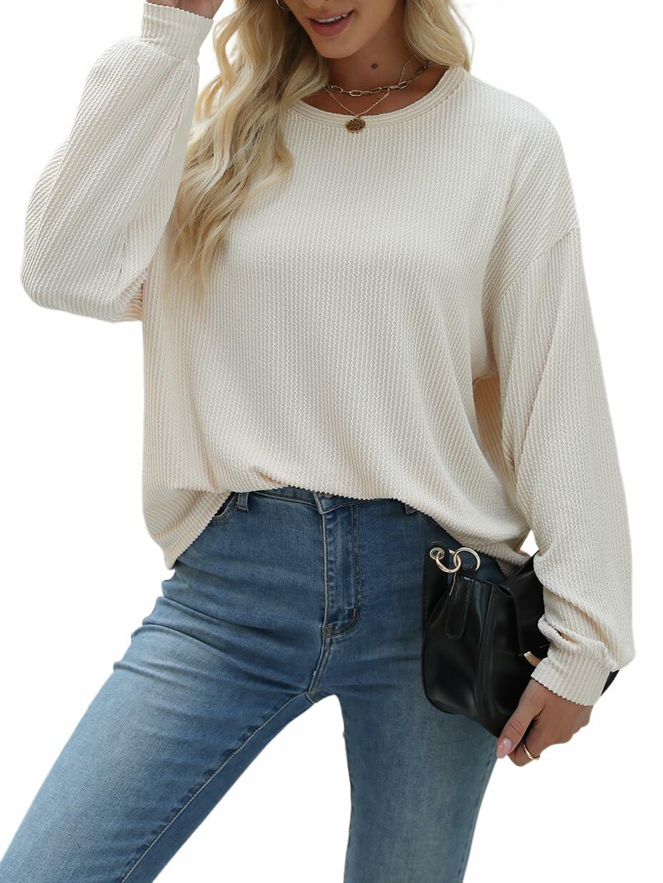 Nfsion Womens Casual Long Sleeve Crewneck Ribbed Shirt Apricot Size S