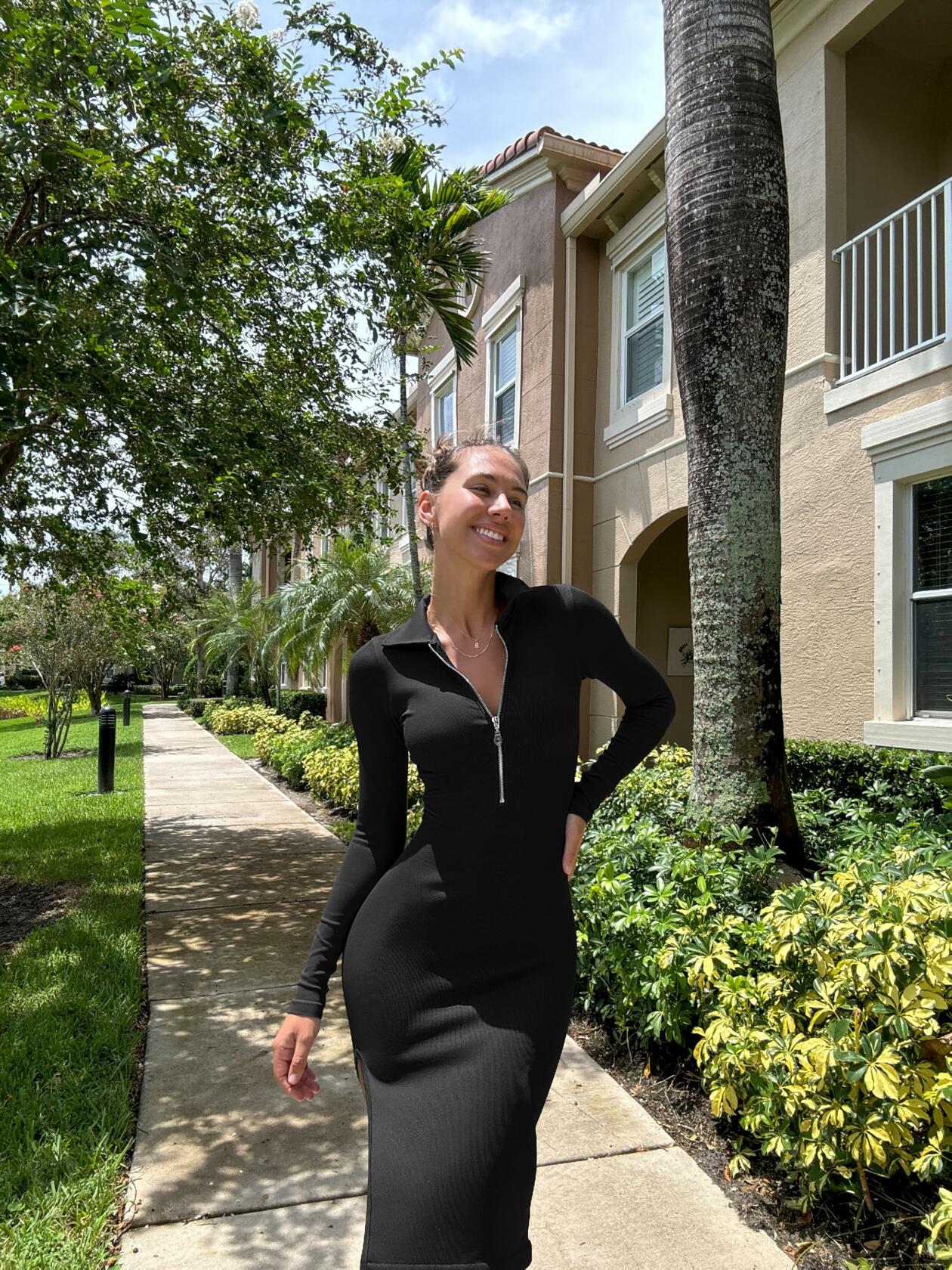 OQQ Women's Ribbed Bodycon Midi Dress Long Sleeve Zipper Black Size M
