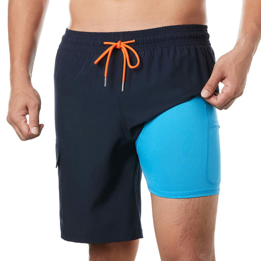 BRISIRA Mens Swim Trunks 9in Quick Dry Compression Liner Navy Size 44