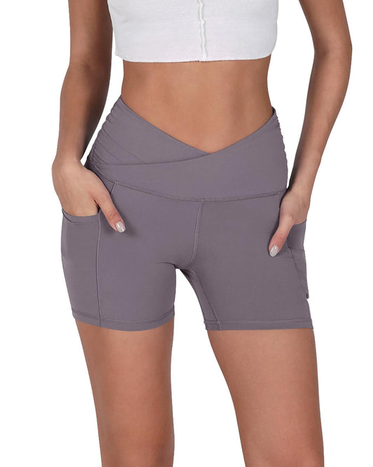 ODODOS Gathered Cross Waist Yoga Shorts with Pockets Women Ash Violet Size S