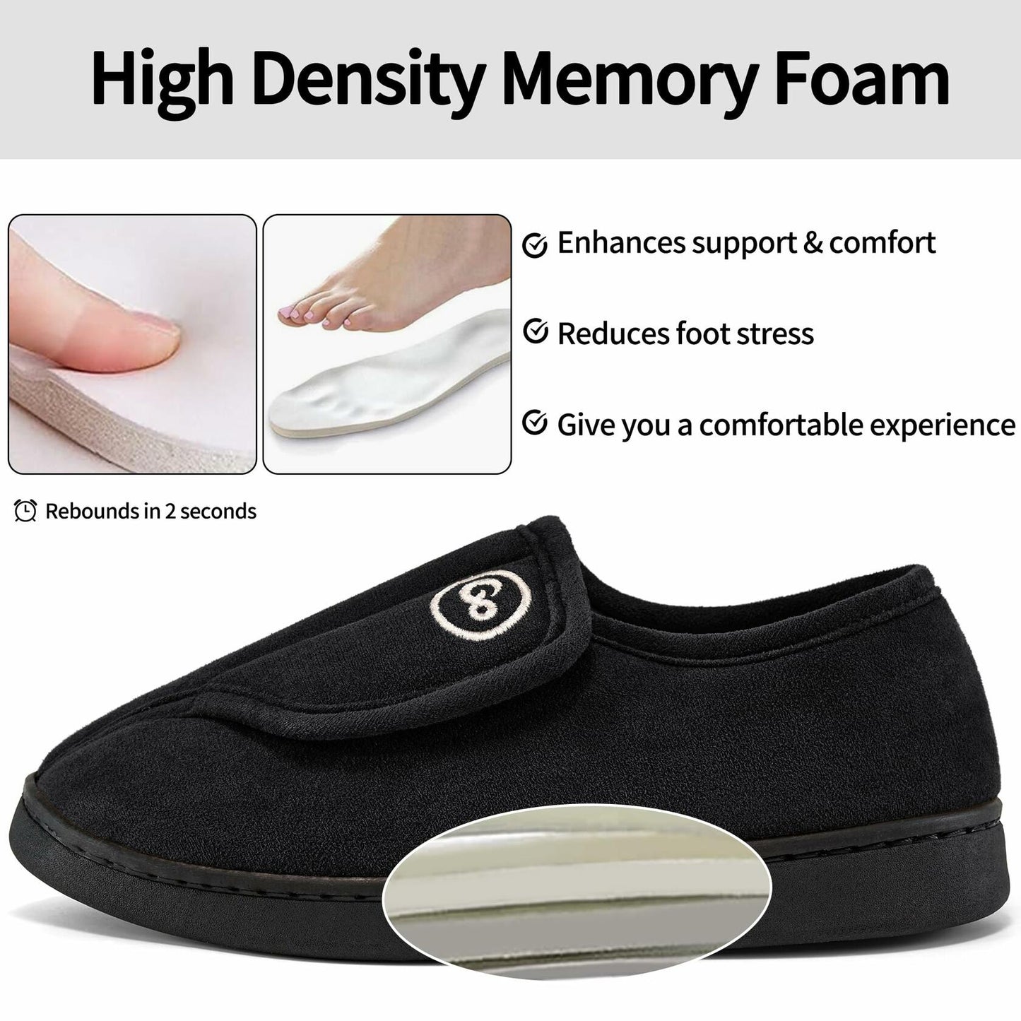 HARENCE Women's Black Slippers Memory Foam Fur Lined Size 44/45