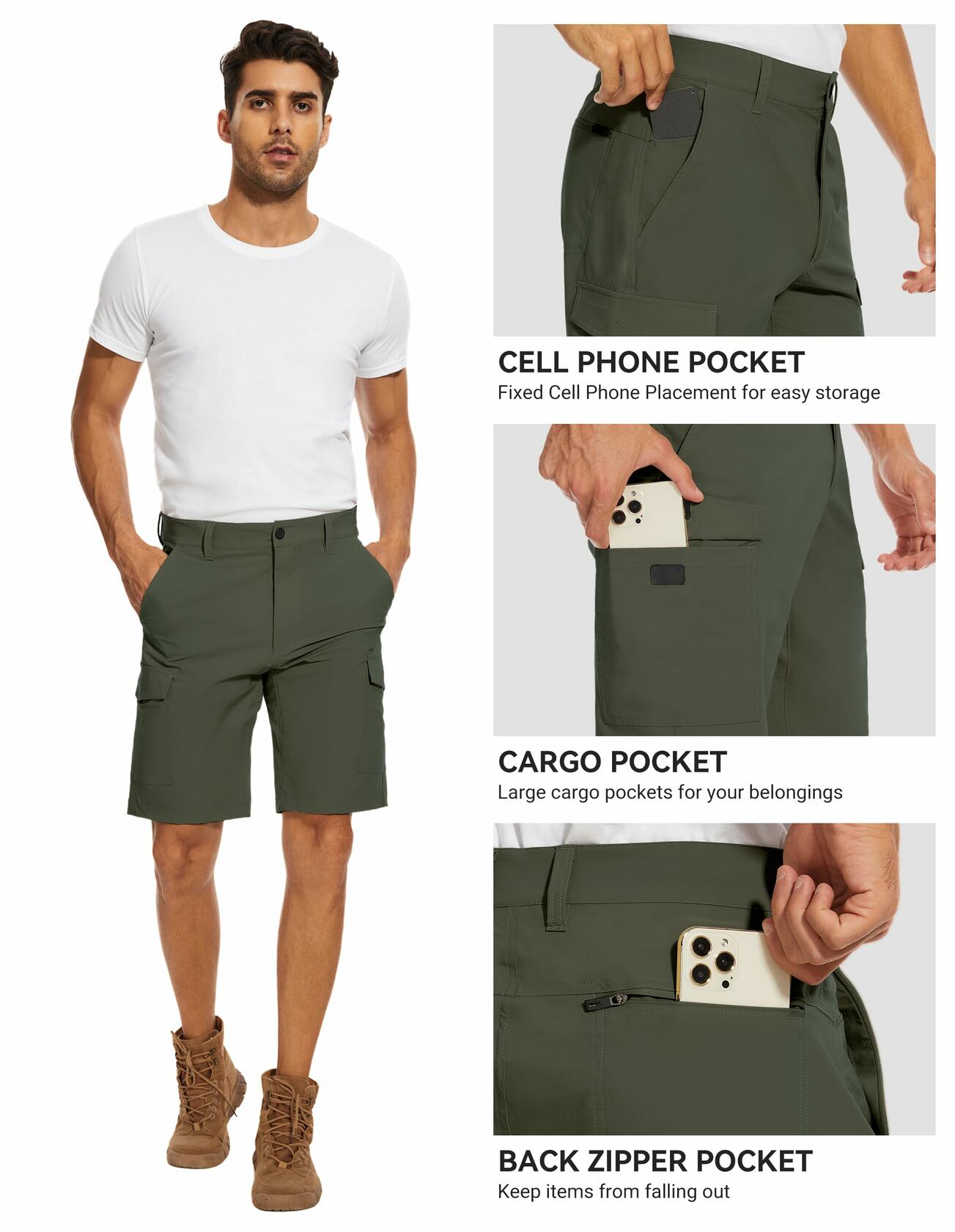 PULI Men's Golf Shorts Lightweight Quick Dry Army Green Pockets Size 30