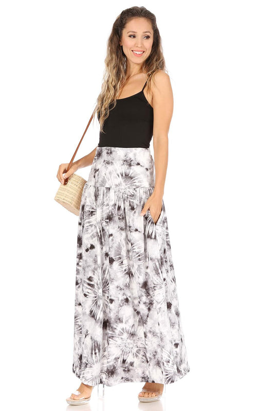 Grey Tie Dye Maxi Skirt Women High Waisted Casual Long Ankle Length Size L