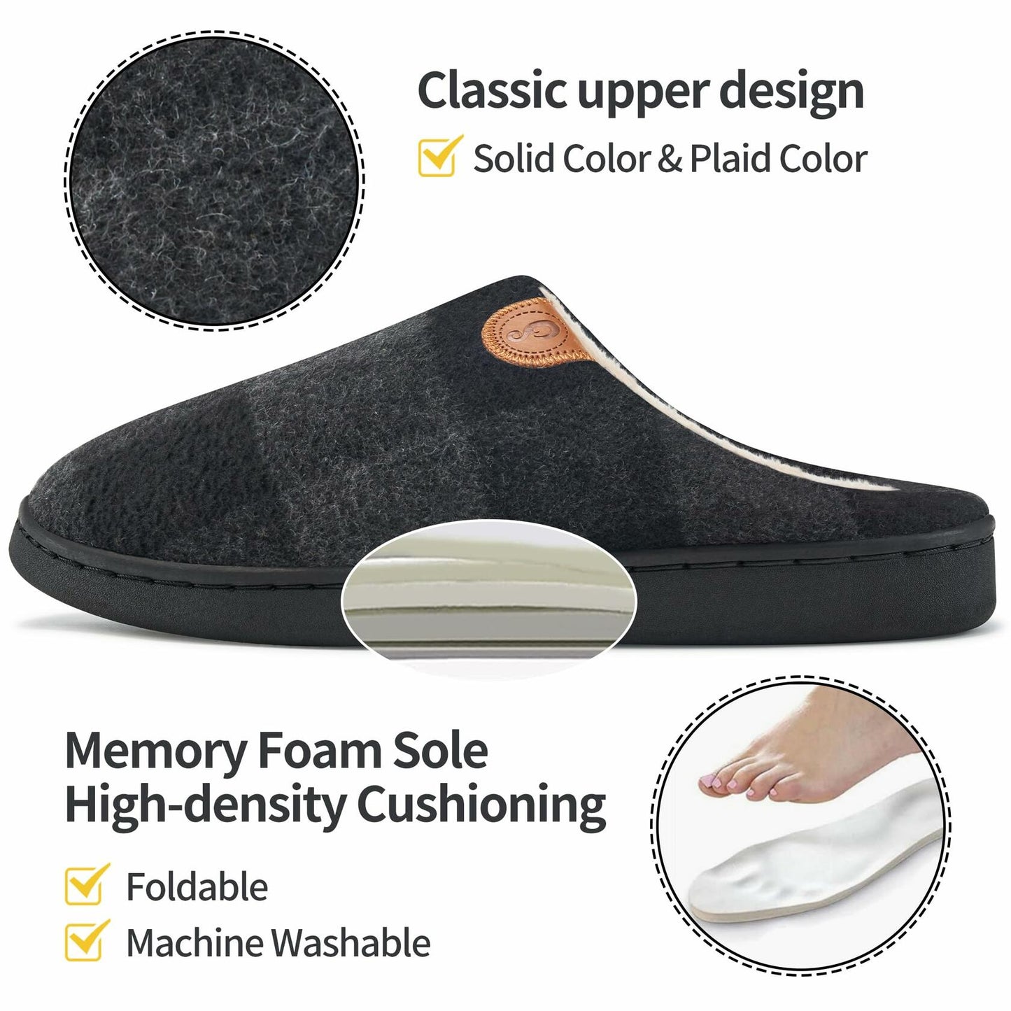 Ablanczoom Unisex Memory Foam House Slippers Black Size 46/47