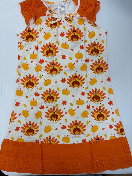 Thanksgiving Girls Nightgown Orange Turkey Print Sleepwear Size 7-8