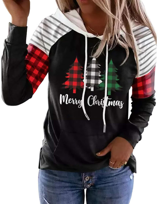 Christmas Hoodie Women Buffalo Plaid Merry Christmas Tree Color Block Size L
